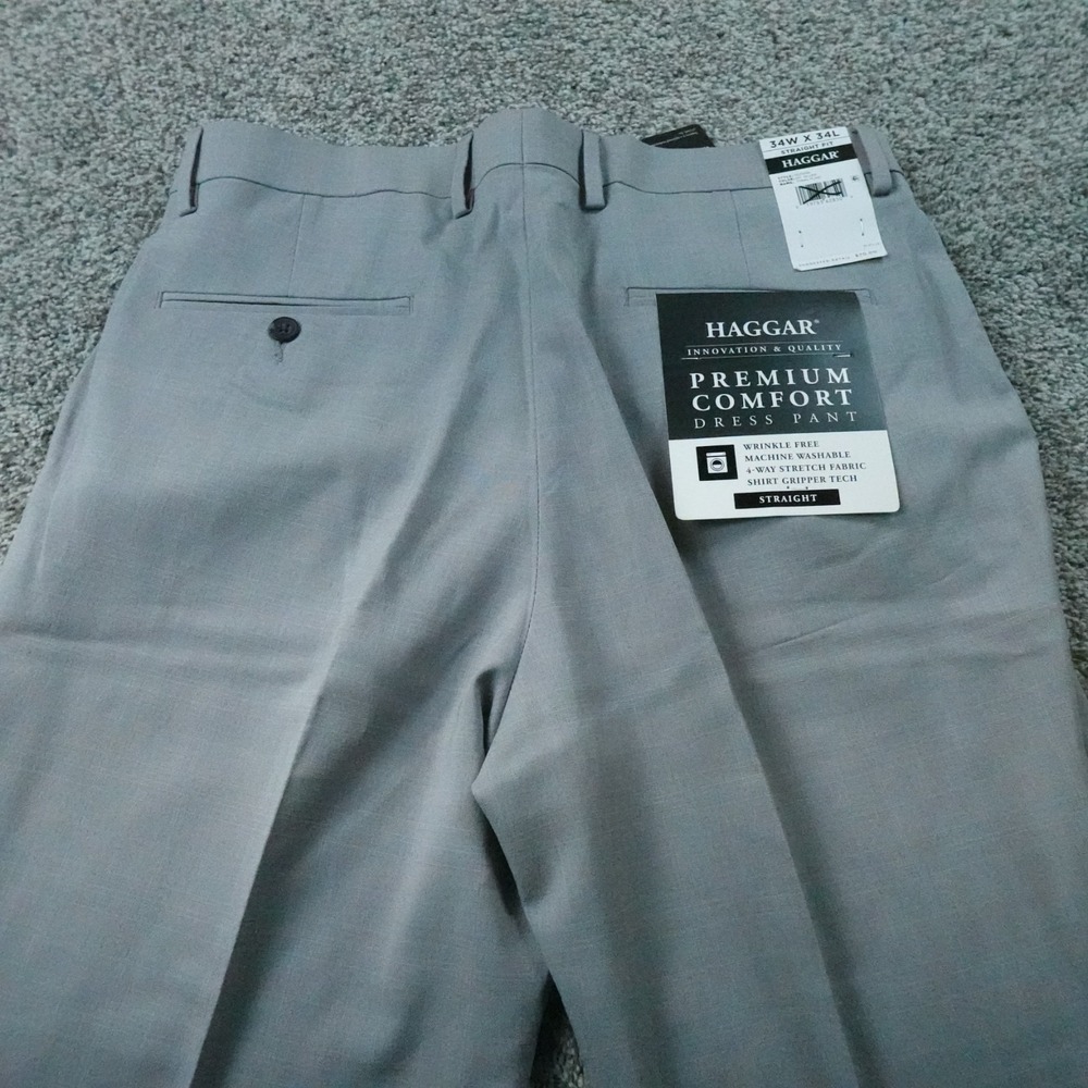 NEW Haggar Pants Mens 34X34 Gray Comfort Dress Chino Trouser Straight Stretch